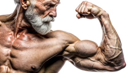 Shirtless old man with muscular arms flexing his biceps