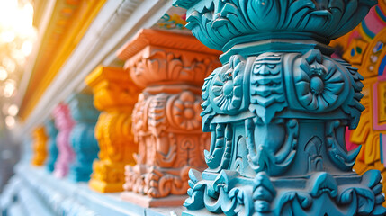 Vibrantly colored pillars in a temple, featuring intricate patterns and designs,