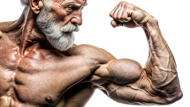 Shirtless old man with muscular arms flexing his biceps - Powered by Adobe