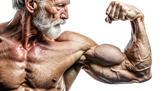 Shirtless old man with muscular arms flexing his biceps - Powered by Adobe