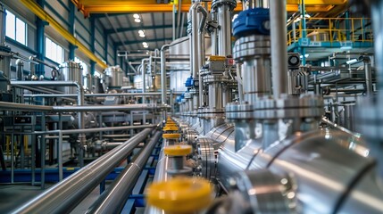 A large industrial building with pipes and valves