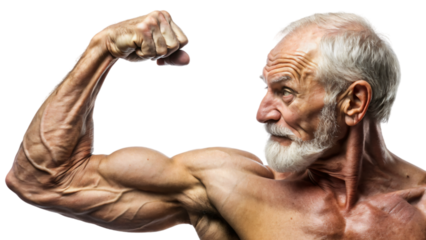 Shirtless old man with muscular arms flexing his biceps
