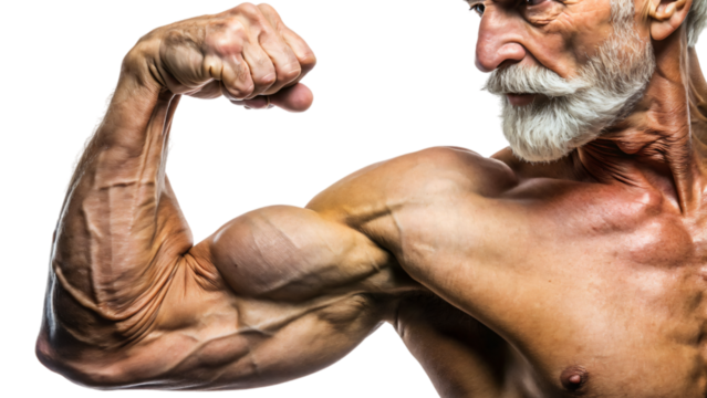 Shirtless old man with muscular arms flexing his biceps - Powered by Adobe