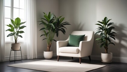 Minimalist living room with white vintage armchair carpet and elegant home decor including a dry plant in a vase against a copy space wall