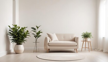 Minimalist living room with white vintage armchair carpet and elegant home decor including a dry plant in a vase against a copy space wall