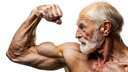 Shirtless old man with muscular arms flexing his biceps