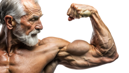 Shirtless old man with muscular arms flexing his biceps