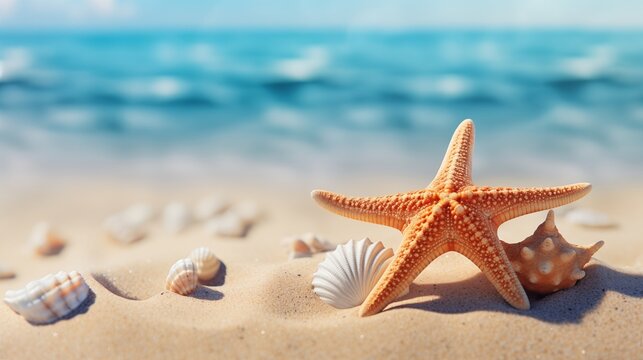 A Sandy Beach with a Starfish and Shells by the Ocean Waves
