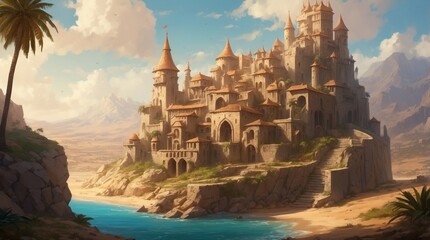Beautiful fantasy game art, medieval castle between oasis and desert, wallpaper