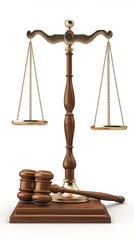Vertical image of a judge's gavel and a scale on a white background. 