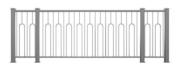 3D illustration features a sleek metal balustrade with handrail, influenced by the Art Deco era (transparent background). A versatile element for modern architectural designs with a touch of history. 