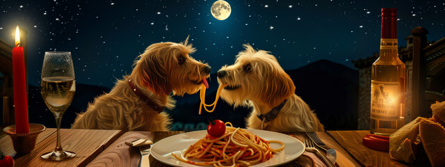 Under a starry sky and crescent moon, two romantically involved dogs lean in close, as they share a plate of spaghetti at a cozy outdoor trattoria. © Pink Badger