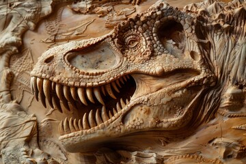 Close-up of a detailed wooden carving of a dinosaur skull with intricate texture. Macro shot of...