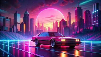 Retro sythwave 80s style pink car driving through futuristic city at night , Retro, Sythwave, 80s, Pink, Car, Motor, Transportation, Ultrawide, Background, Generative AI, Futuristic, Cityscape