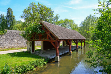 Wash-house along the Fusain river in the Parc de la Tabarderie in Château-Landon, a rural village of the Gâtinais in the French department of Seine-et-Marne, Paris Region, France