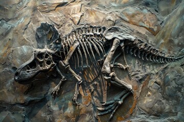 Close-up of a Triceratops skeleton fossil embedded in rock. Macro shot of ancient remains with detailed texture. Design for poster, print, wallpaper, banner. Generative AI