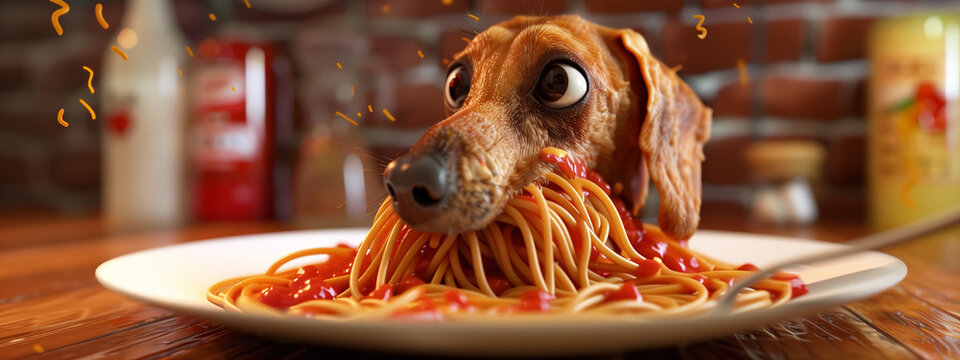 Close-up of guilty looking wide-eyed dog as it consumes a plate of pasta with tomato sauce.