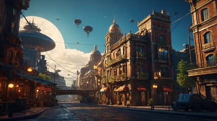 Fototapeta premium Beautiful fantasy game illustration showing a panoramic view of a steampunk town