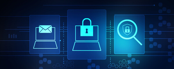 2d illustration Safety concept: Closed Padlock with laptop on digital background