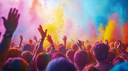 A diverse group of people celebrating with colorful powder thrown in the air