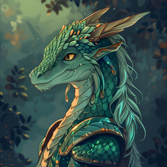 Illustration of Dragonborn cartoon emerald scales female