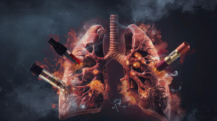 The image illustrates human lungs being damaged by electronic cigarettes, highlighting the harmful effects of vaping on respiratory health.