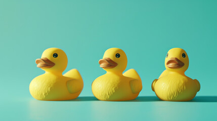 Three yellow rubber ducks in a row on a turquoise background