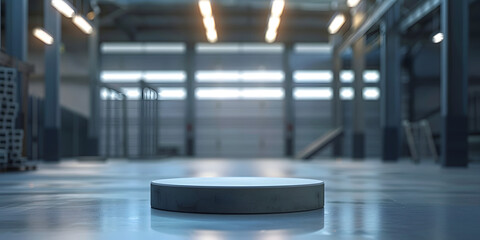 Matte grey podium under cool lighting, set against a blurred industrial warehouse background, perfect for rugged tools or industrial equipment 