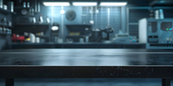 Matte black table under sharp spotlights, against a blurred high-tech laboratory background, ideal for showcasing innovative tech gadgets or scientific instruments 