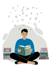 A man sits cross-legged and reads a book, there are many books around him. Vector flat illustration