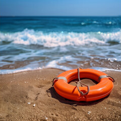 Fototapeta premium Photorealistic image of a lifebuoy on a beach, with gentle waves approaching, surrounded by seaweed and small rocks, under a bright blue sky