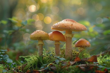 Fototapeta premium Group of orange mushrooms with spotted caps growing among moss and leaves in a forest. Nature macro photography. Forest ecosystem and fungi concept. Generative AI