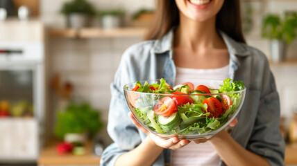 Woman holding a bowl of healthy vegetable salad in kitchen. Food concept