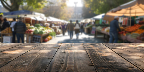 Rustic wooden table with a spotlight, against a blurred background of a bustling farmer’s market, suitable for organic food products or artisanal crafts