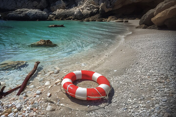 Naklejka premium Photorealistic image of a lifebuoy on a beach, with gentle waves approaching, surrounded by seaweed and small rocks, under a bright blue sky