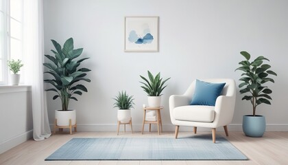 Fototapeta premium Minimalist living room with white vintage armchair carpet and elegant home decor including a dry plant in a vase against a copy space wall