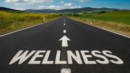 A photo of "Wellness" written on an road, with an arrow pointing toward green fields and hills, symbolizes a health-focused travel journey, blending the road to wellness with natural landscapes.