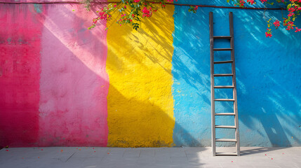 Naklejka premium A vibrant wall adorned with a ladder and an array of colorful flowers