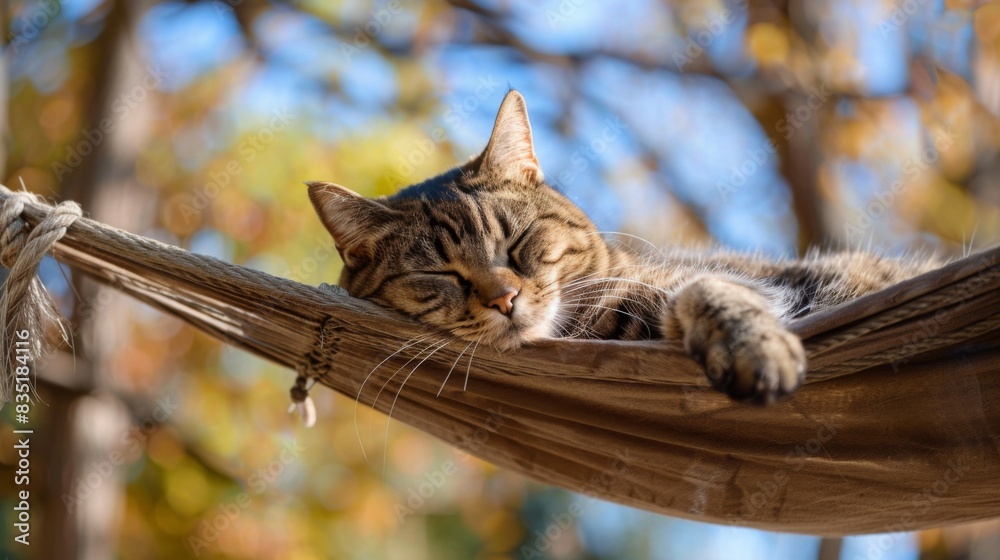 Poster fat cat lounging on a hammock, swaying gently with the breeze, in a serene outdoor setting with tree