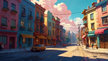 Fototapeta premium Beautiful illustration like a fantasy game showing a housing estate and a town