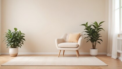 Minimalist living room with white vintage armchair carpet and elegant home decor including a dry plant in a vase against a copy space wall