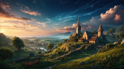 Beautiful fantasy game illustration showing a panoramic view of a steampunk town