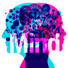Two overlapping silhouettes of heads are filled with a network of numbers and connected dots, symbolising the intricate connections within the brain. The word Mind is superimposed over the image.