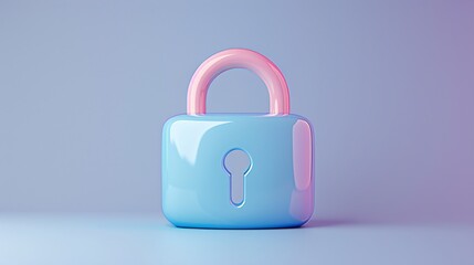 Minimalist pastel-colored padlock symbolizing security and protection against a soft blue and pink gradient background. 3D Illustration.