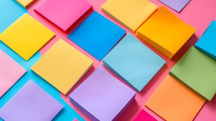 A pile of colorful sticky notes with different colors and sizes