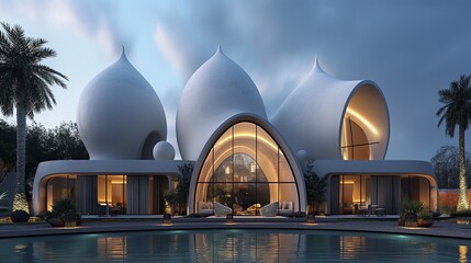 Fototapeta premium A Modern Minimalist White Dome-Shaped Building And Green Environment. 