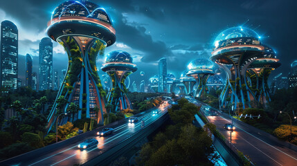 Futuristic cityscape at night with towering domes, illuminated structures, advanced architecture, and sleek elevated highways with vehicles driving through lush greenery.