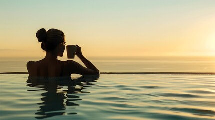 Fototapeta premium Serene Swimmer Enjoying Morning Coffee by Tranquil Pool Reflection