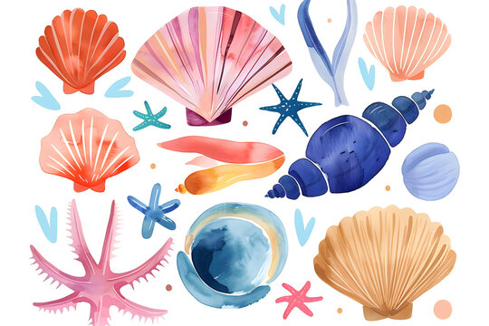 Watercolor cartoon sea shells collection isolated on white background