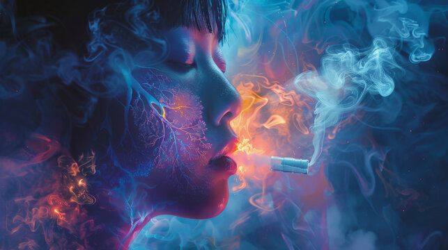 A person inhales while smoking a cigarette, surrounded by colorful and surreal smoke patterns in a dark, dreamlike setting.
